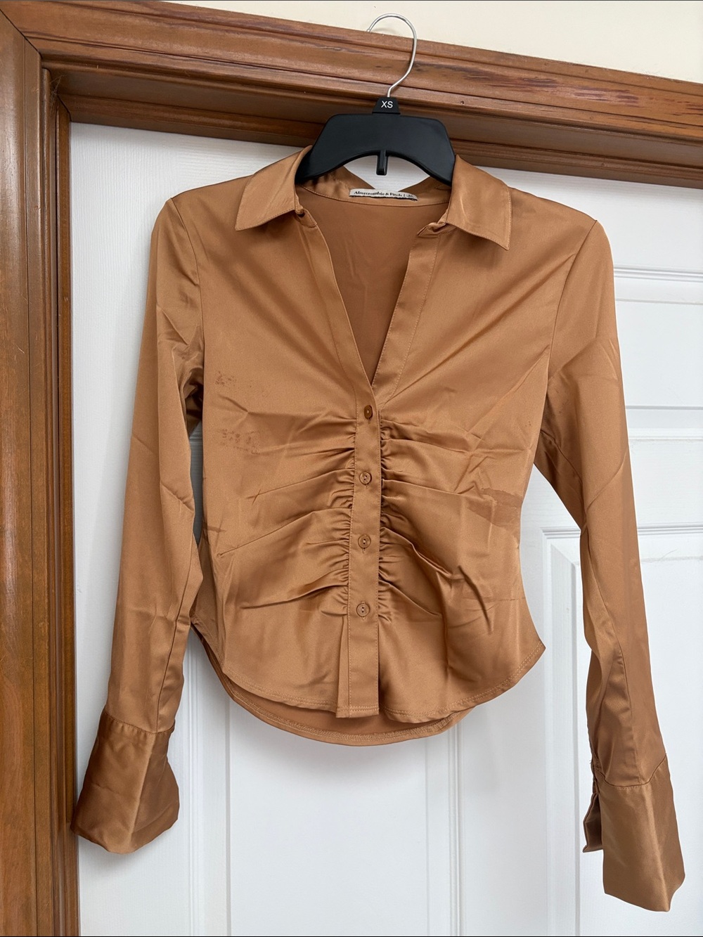 Abercrombie & Fitch Tan Ruched Button-Down Blouse